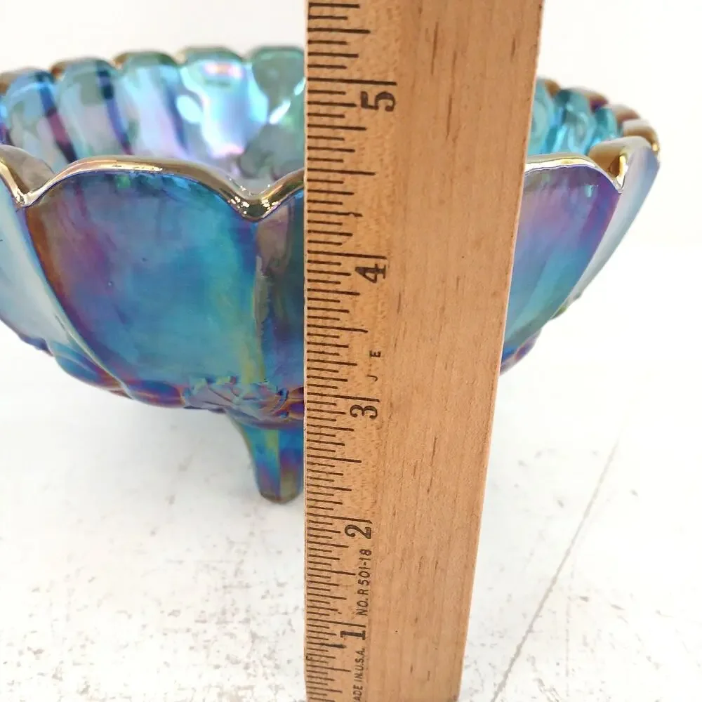 Vintage Iridescent Carnival Glass Bowl Gold Rim Decorative Footed Fruit Bowl